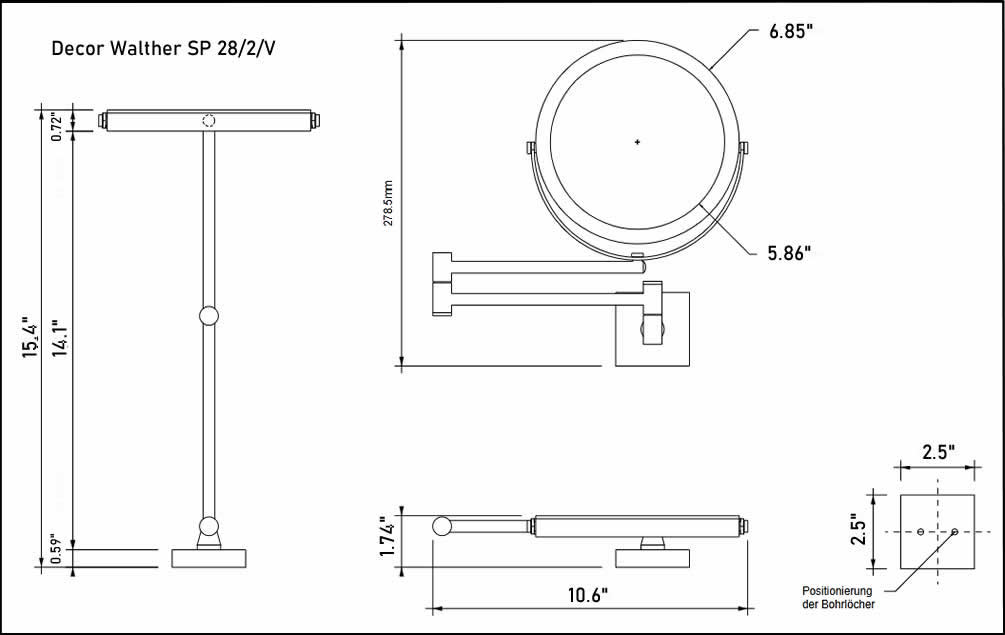 Decor Walther SP 28/2/V Wall Mounted Cosmetic Mirror - Technical Drawing