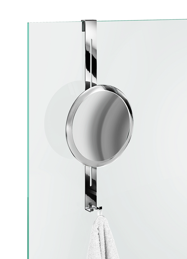 Over-Glass Stainless Steel Shower Mirror in Polished Chrome slides up and down on its track and swivels up, down, left, right.