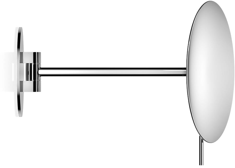 Polished Chrome wall-mounted makeup mirror by Decor Walther. 7.9" rimless mirror has 5x magnification power.