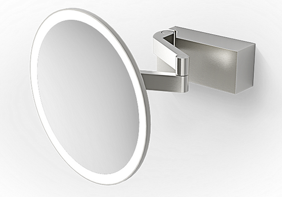 Decor Walther VISION R in Matte Stainless Steel.  Articulating arm swings left and right,and pivots at the "kunckle".  The mirror tilts up and down and pivots left and right, as well.