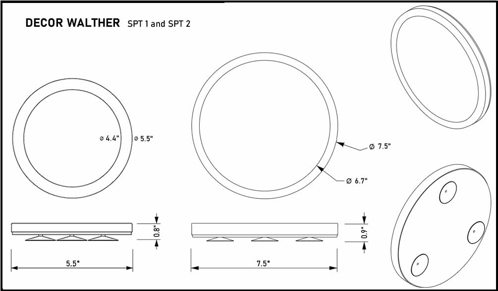 SPT 1 and SPT 2 Suction Cup Mirrors - technical drawing.