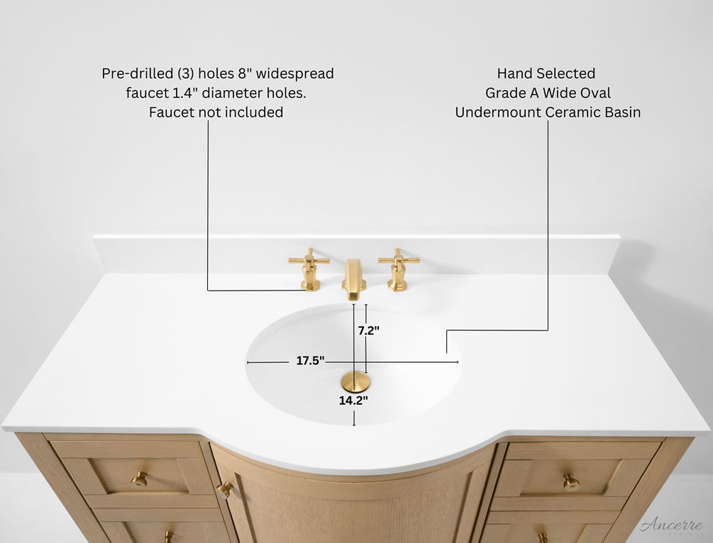 Lauren 42" & 48" American Oak Finished Solid Wood + Alpine White Quartz Top - by Ancerre Designs