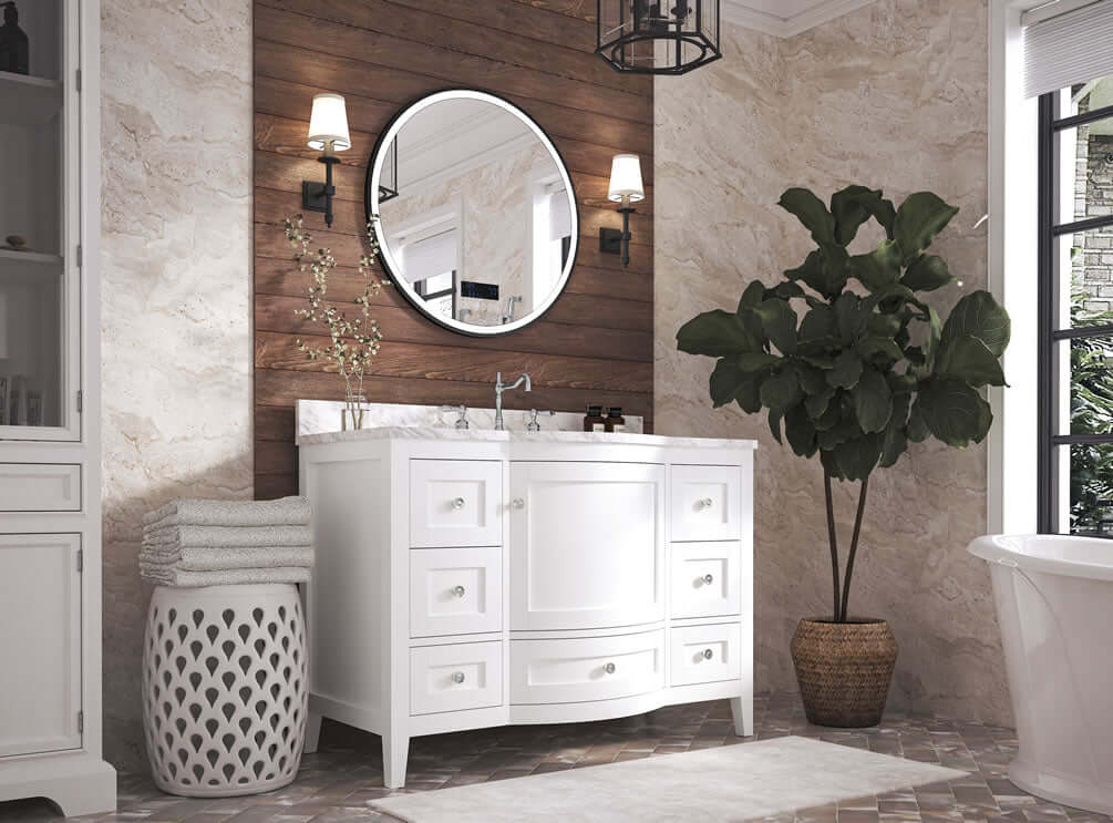 Lauren 42" & 48" American Oak Finished Solid Wood + Alpine White Quartz Top - by Ancerre Designs - Perfect Makeup Mirrors