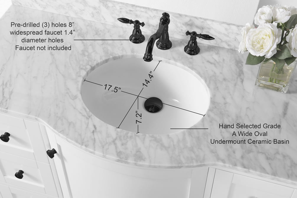 Lauren 48" Hancrafted Solid Wood White Vanity with Italian Carrara Marble Top - by Ancerre Designs