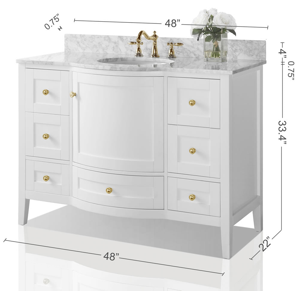 Lauren 48" Hancrafted Solid Wood White Vanity with Italian Carrara Marble Top - by Ancerre Designs