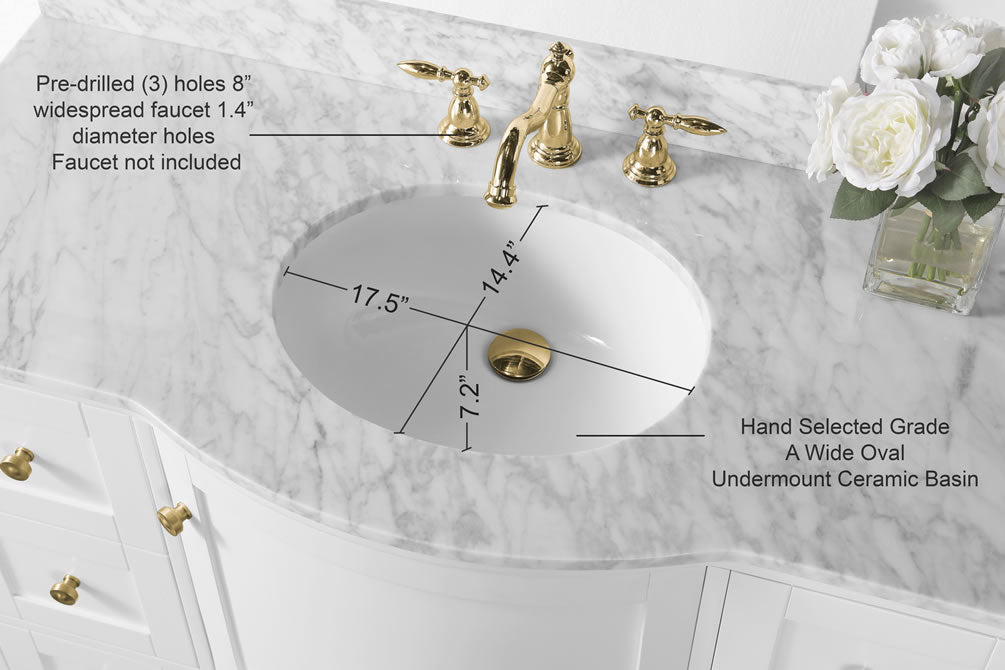Lauren 48" Hancrafted Solid Wood White Vanity with Italian Carrara Marble Top - by Ancerre Designs