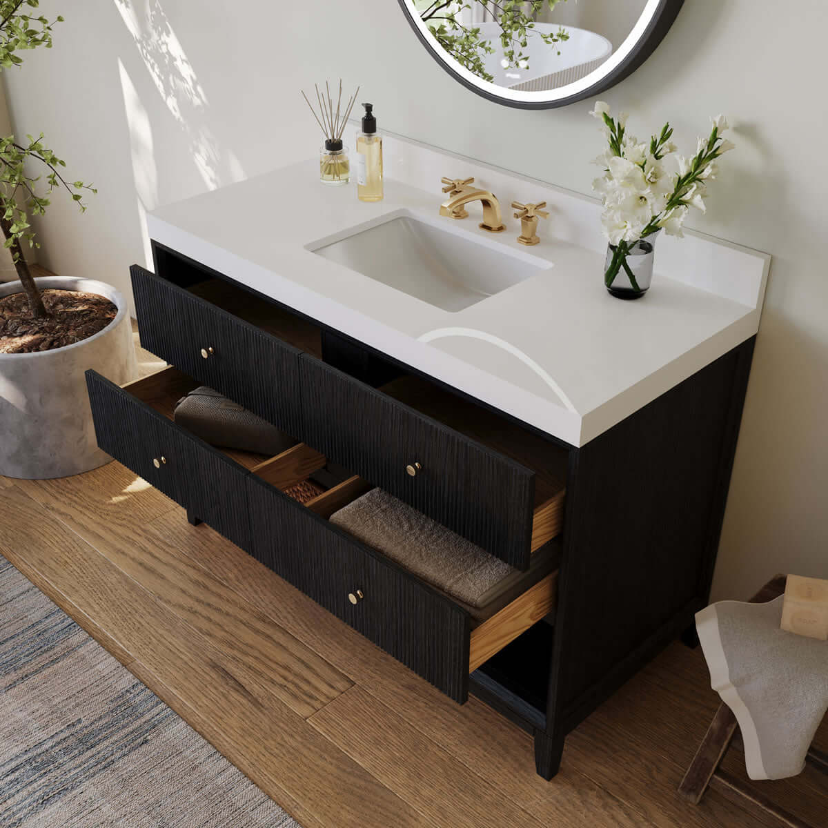 Momo 48" Solid Wood Vanity Set Finished in American Oak or Black Oak by Ancerre Designs - Perfect Makeup Mirrors