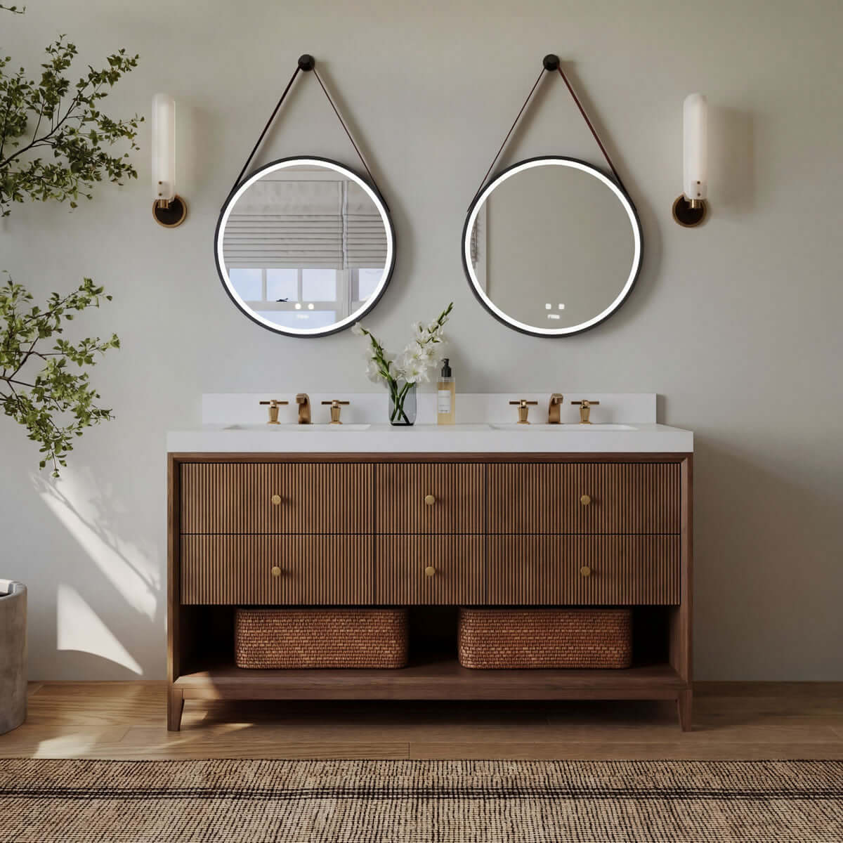Momo 60" Solid Wood His & Hers 2-Sink Vanity in American, Black or Chestnut Oak - by Ancerre Design - Perfect Makeup Mirrors