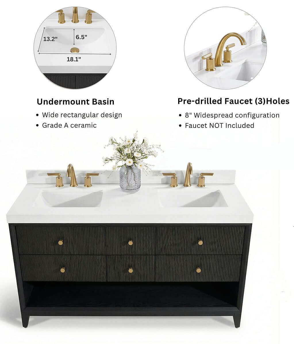 Momo 60" Solid Wood His & Hers 2-Sink Vanity in American, Black or Chestnut Oak - by Ancerre Design - Perfect Makeup Mirrors
