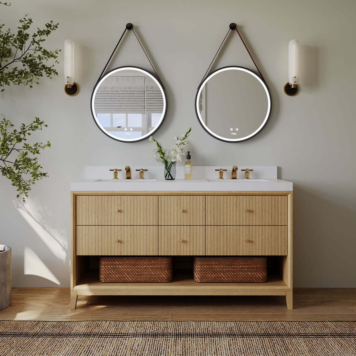 Momo 60" Solid Wood His & Hers 2-Sink Vanity in American, Black or Chestnut Oak - by Ancerre Design - Perfect Makeup Mirrors