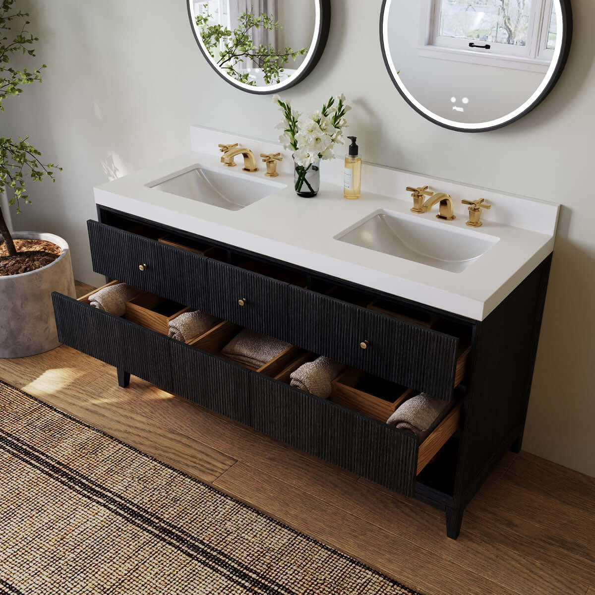 Momo 60" Solid Wood His & Hers 2-Sink Vanity in American, Black or Chestnut Oak - by Ancerre Design - Perfect Makeup Mirrors