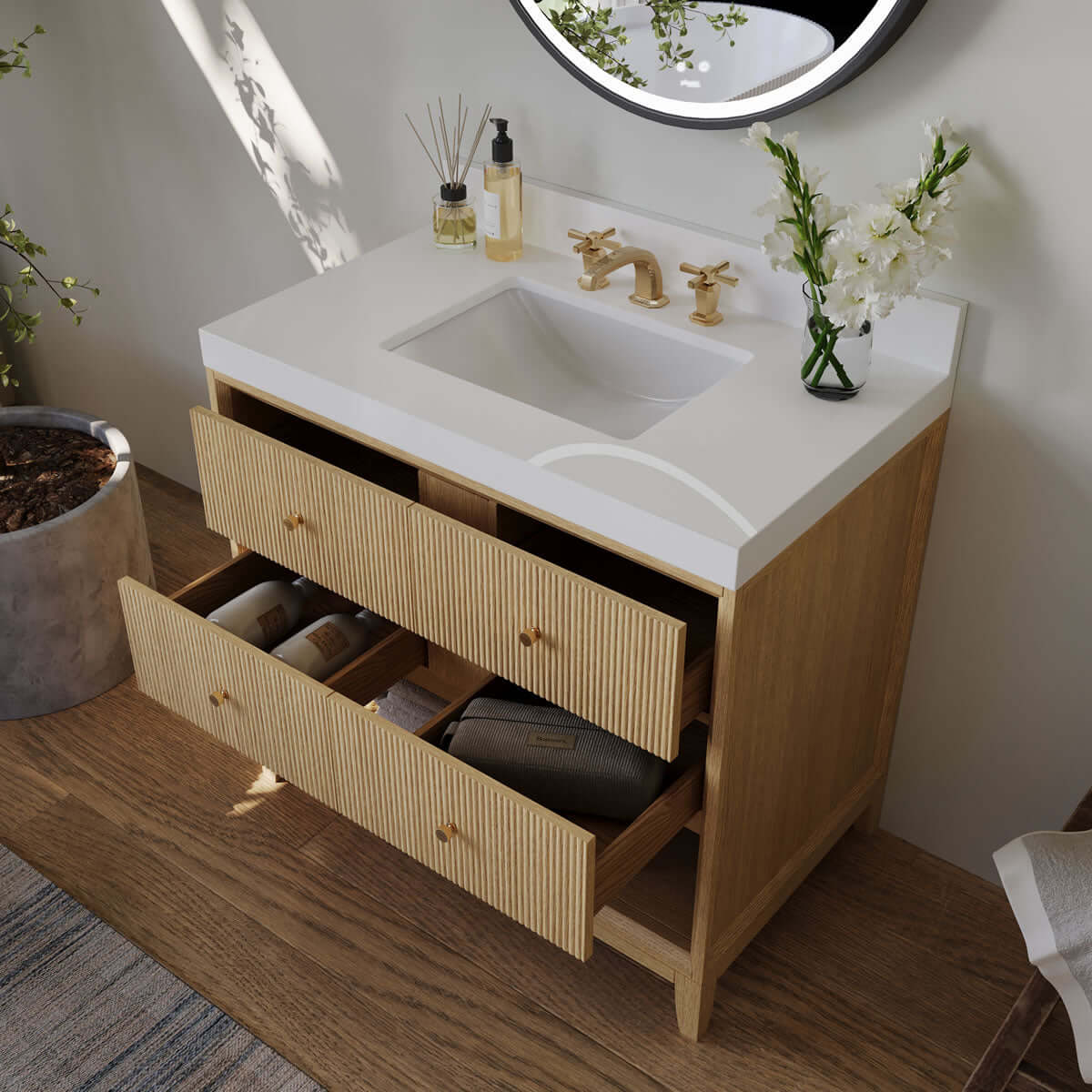 Momo 36" and 42" Solid Wood Vanities in American, Black or Chestnut Oak - by Ancerre Designs - Perfect Makeup Mirrors