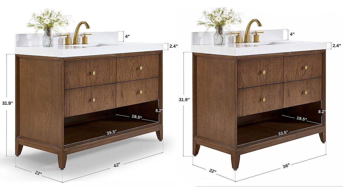 Size comparison between 36" Wide and 42" Wide vanities.  Most of the images are of the 36" width vanity.