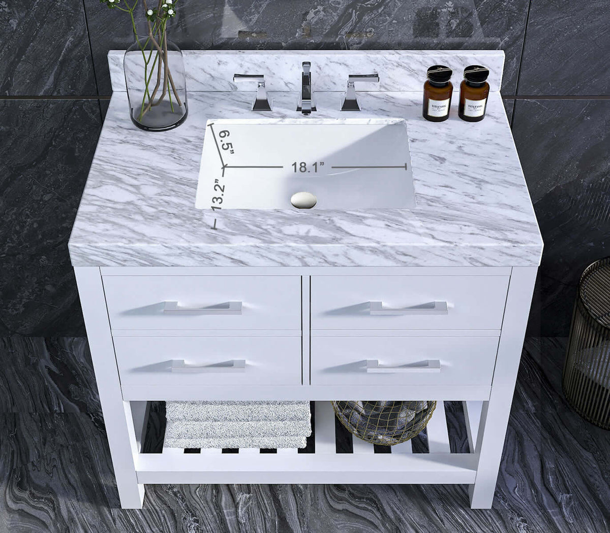 Elizabeth 36" Solid Wood Vanity - 4 Designer Finishes & Italian Carrara Marble - by Ancerre Designs - Perfect Makeup Mirrors