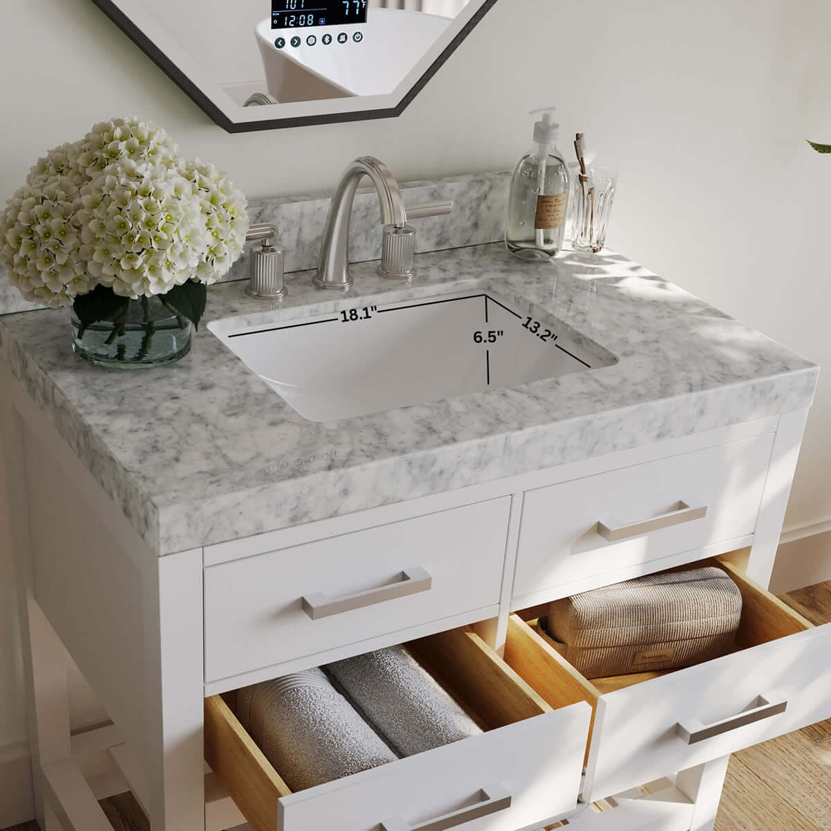 Elizabeth 36" Solid Wood Vanity - 4 Designer Finishes & Italian Carrara Marble - by Ancerre Designs - Perfect Makeup Mirrors