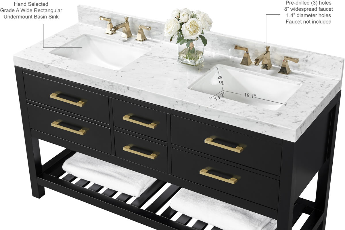 Elizabeth 60" His & Hers Dual-Sink Vanity with Italian Carrara Marble Top - by Ancerre Design