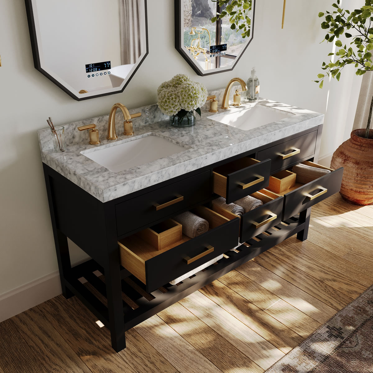 Elizabeth 60" His & Hers Dual-Sink Vanity with Italian Carrara Marble Top - by Ancerre Design