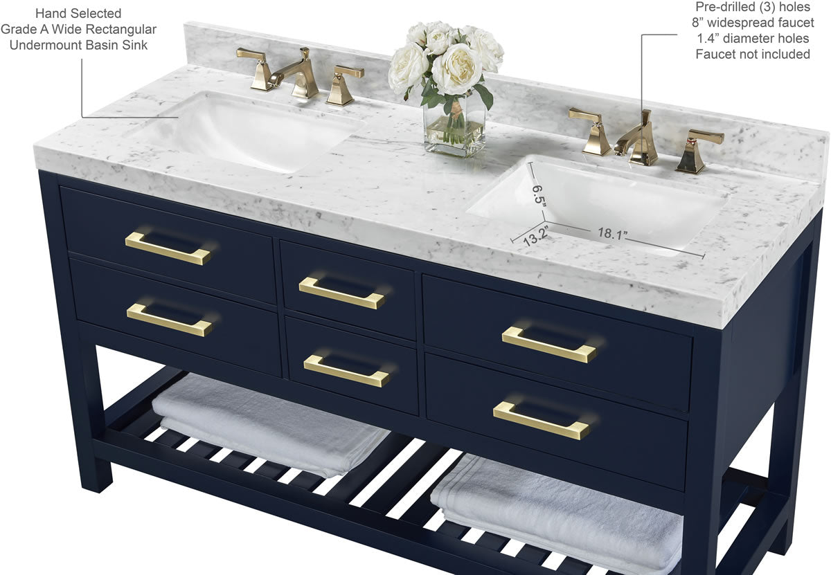 Elizabeth 60" His & Hers Dual-Sink Vanity with Italian Carrara Marble Top - by Ancerre Design