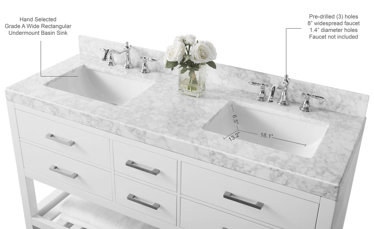 Elizabeth 60" His & Hers Dual-Sink Vanity with Italian Carrara Marble Top - by Ancerre Design