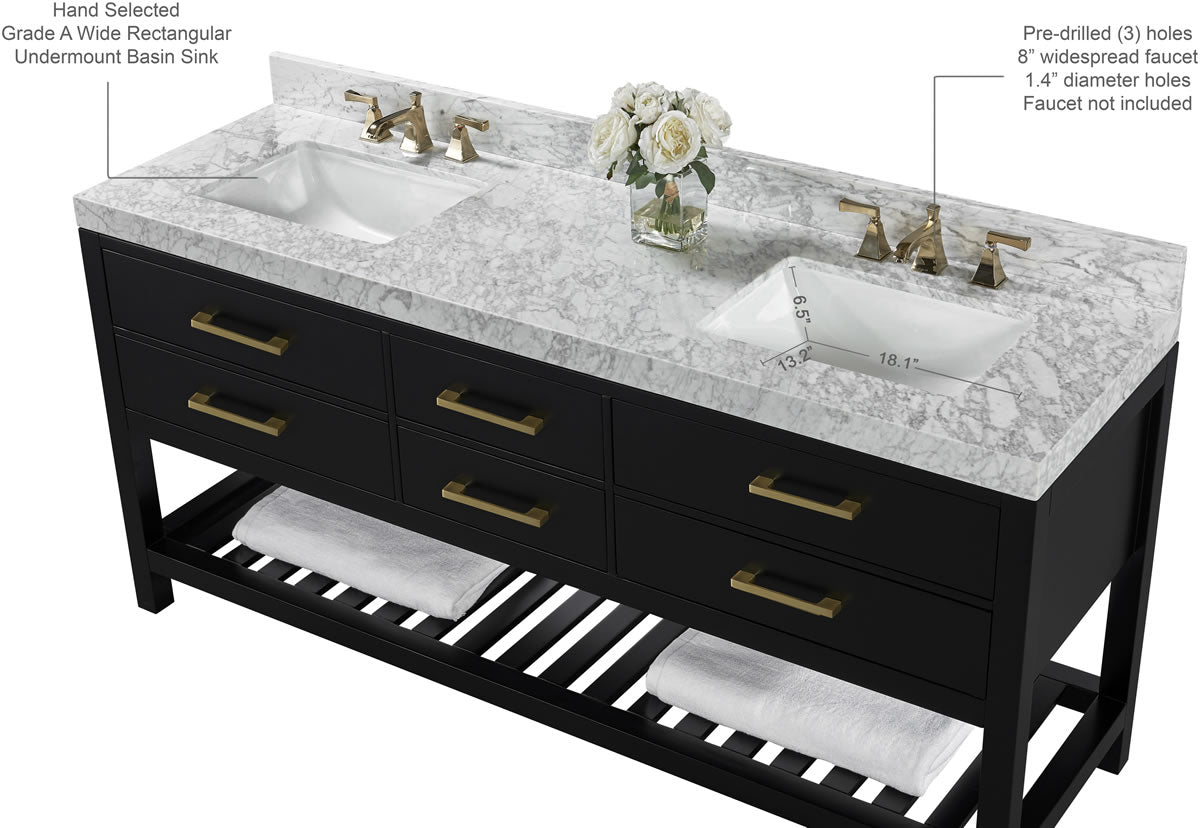 Elizabeth 72" Dual Sink His & Hers Vanity with Italian Carrara Marble Top - by Ancerre Design