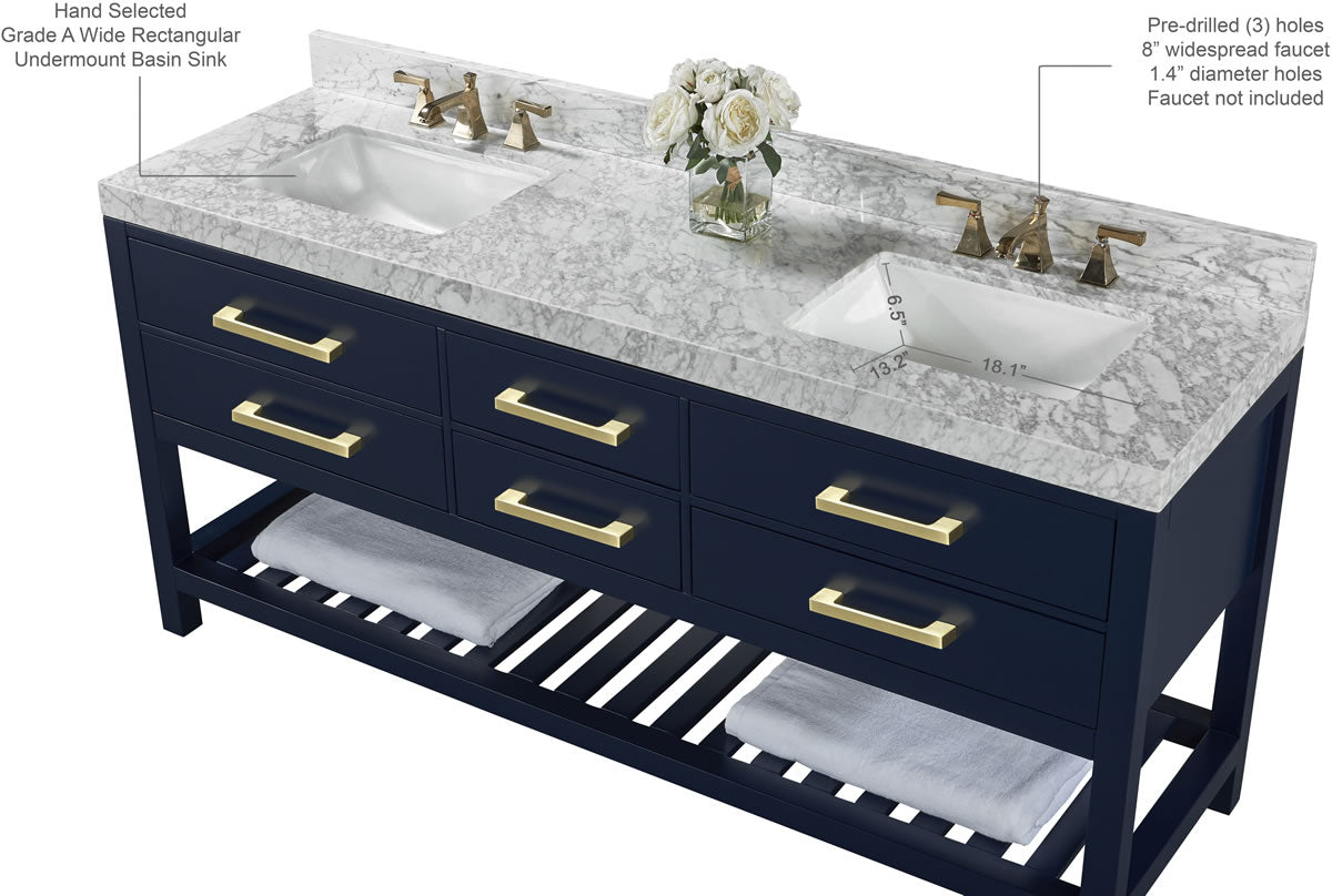 Elizabeth 72" Dual Sink His & Hers Vanity with Italian Carrara Marble Top - by Ancerre Design