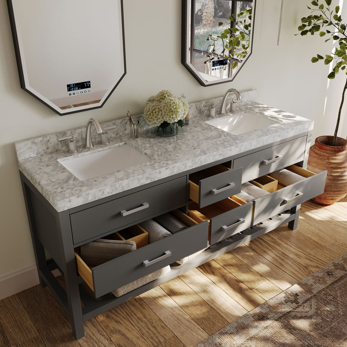 Elizabeth 72" Dual Sink His & Hers Vanity with Italian Carrara Marble Top - by Ancerre Design