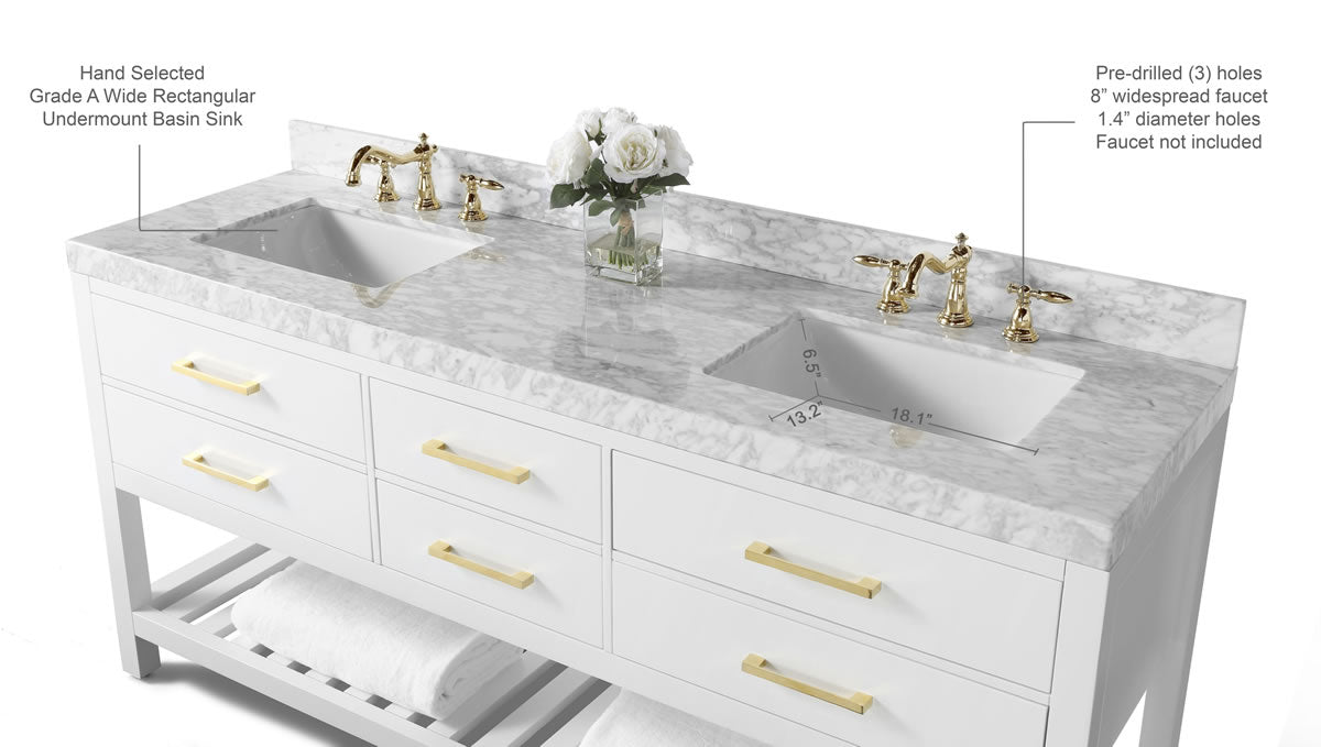 Elizabeth 72" Dual Sink His & Hers Vanity with Italian Carrara Marble Top - by Ancerre Design