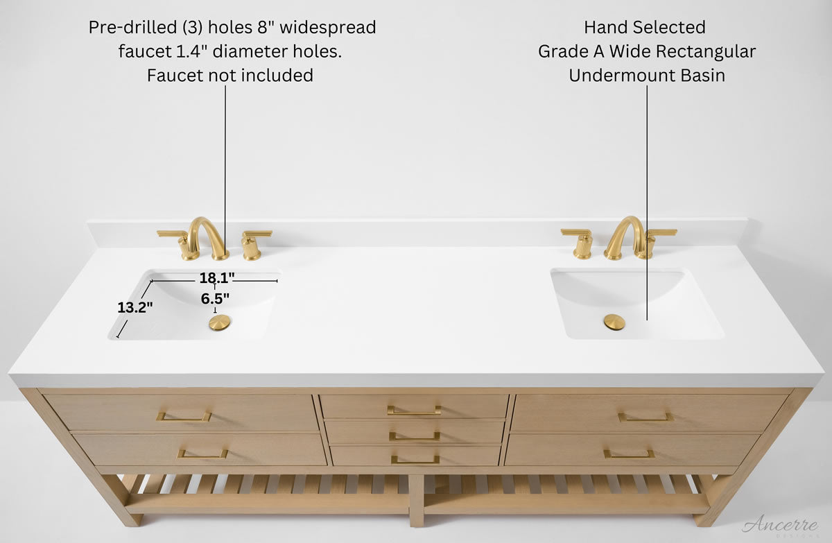 Elizabeth Solid Wood Vanity in 48", 60" or 84" Wide, with Quartz Top - by Ancerre Designs