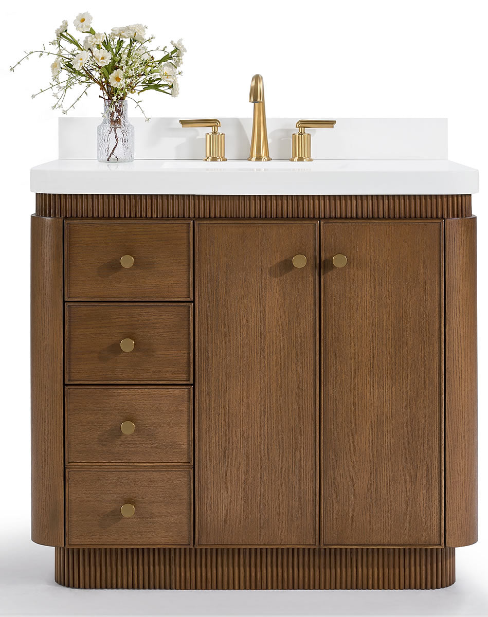 Aston 36" and 42" American or Chestnut Oak Solid Wood Vanity - White Quartz Top - by Ancerre Designs