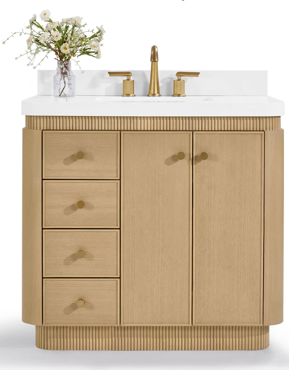 Aston 36" and 42" American or Chestnut Oak Solid Wood Vanity - White Quartz Top - by Ancerre Designs