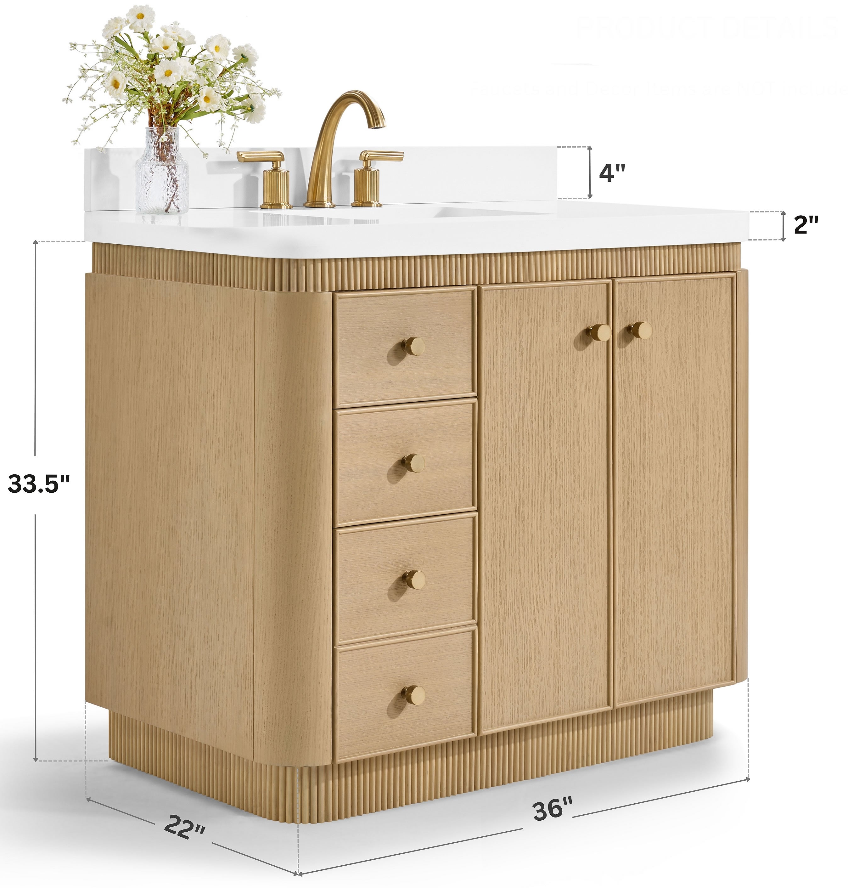Aston 36" and 42" American or Chestnut Oak Solid Wood Vanity - White Quartz Top - by Ancerre Designs