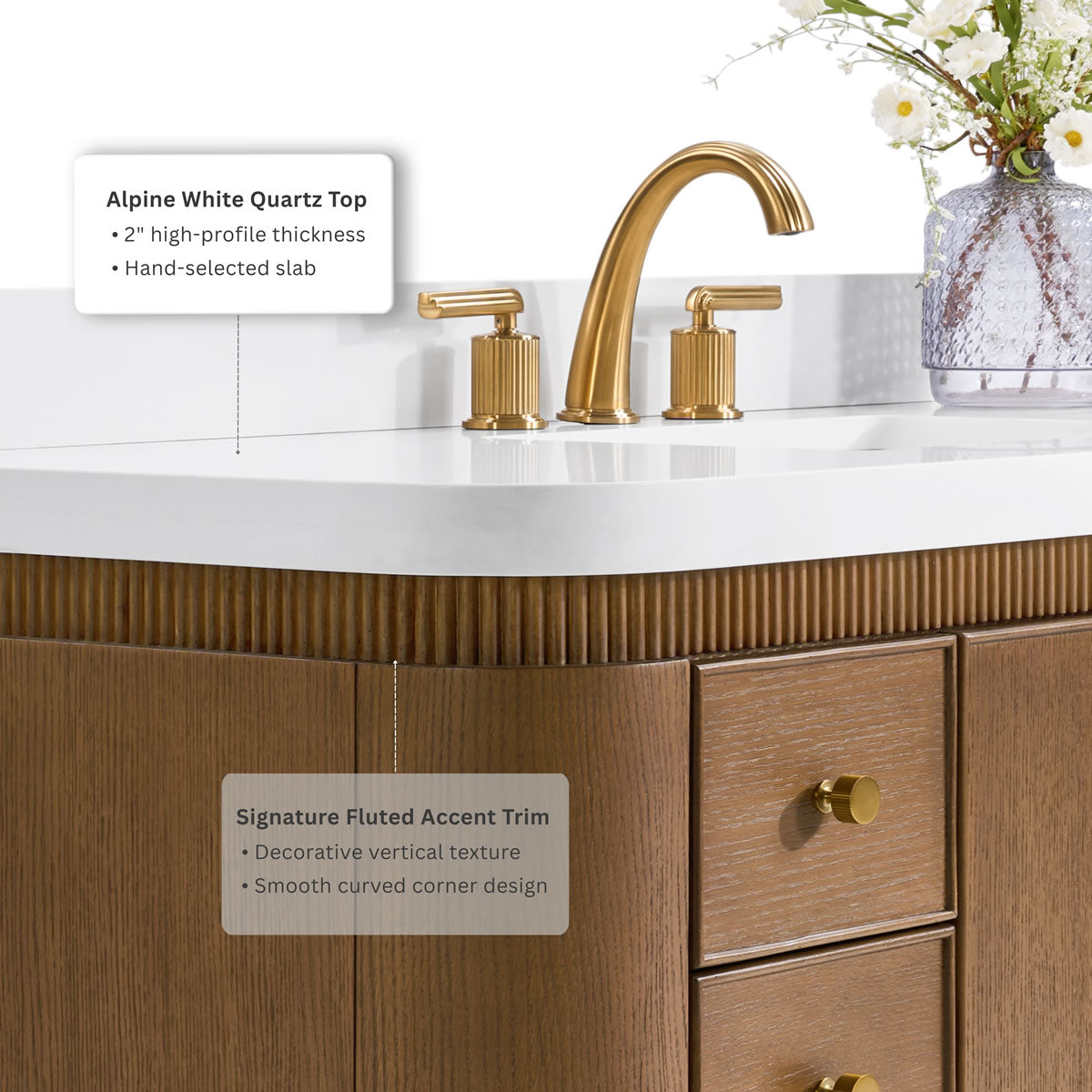 Aston 60" and 72" American or Chestnut Oak Solid Wood Vanity - White Quartz Top - by Ancerre Designs