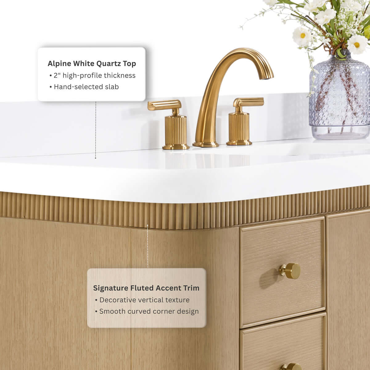 Aston 60" and 72" American or Chestnut Oak Solid Wood Vanity - White Quartz Top - by Ancerre Designs - Perfect Makeup Mirrors