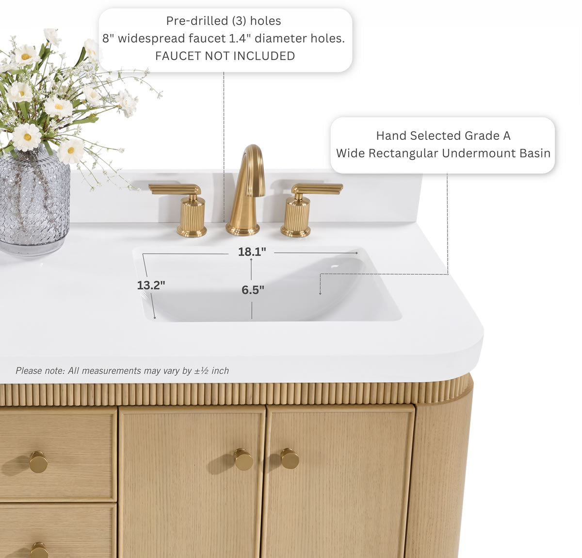 Aston 36" and 42" American or Chestnut Oak Solid Wood Vanity - White Quartz Top - by Ancerre Designs