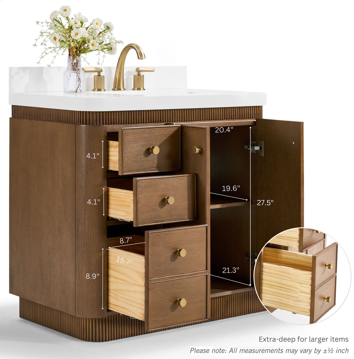 Aston 36" and 42" American or Chestnut Oak Solid Wood Vanity - White Quartz Top - by Ancerre Designs