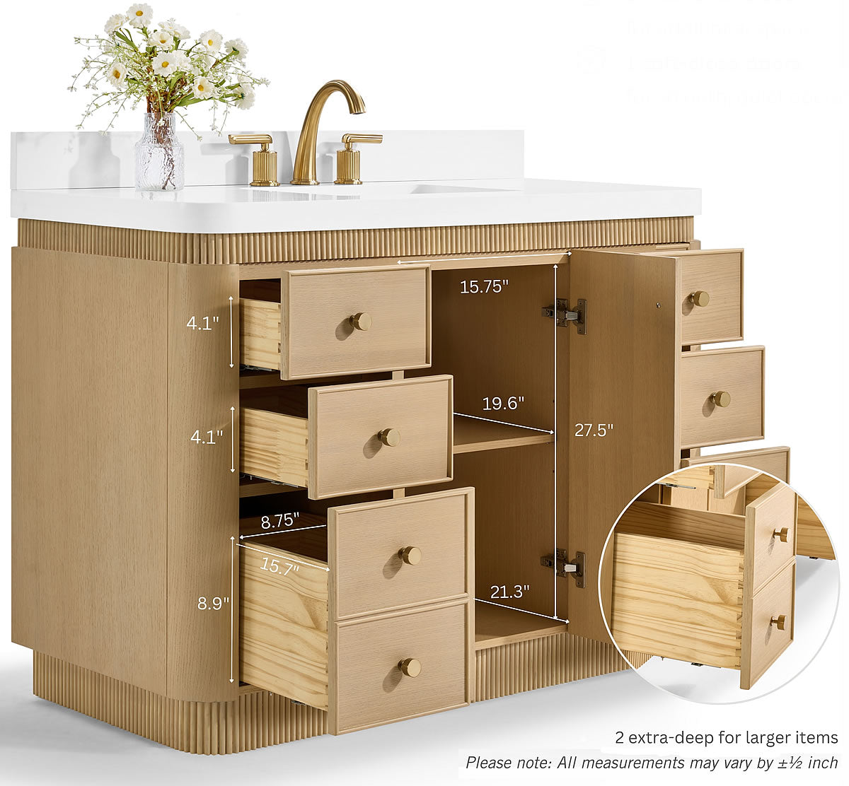Aston 36" and 42" American or Chestnut Oak Solid Wood Vanity - White Quartz Top - by Ancerre Designs