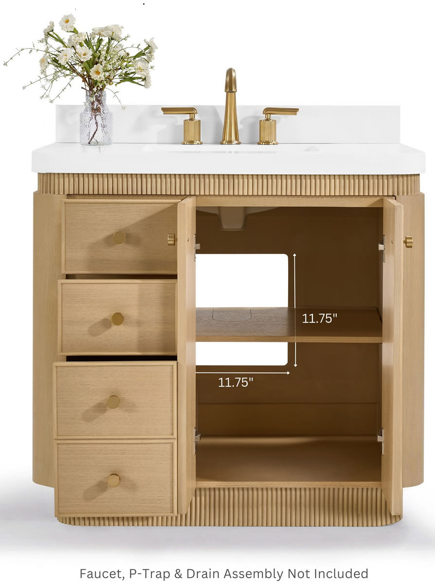 Aston 36" and 42" American or Chestnut Oak Solid Wood Vanity - White Quartz Top - by Ancerre Designs