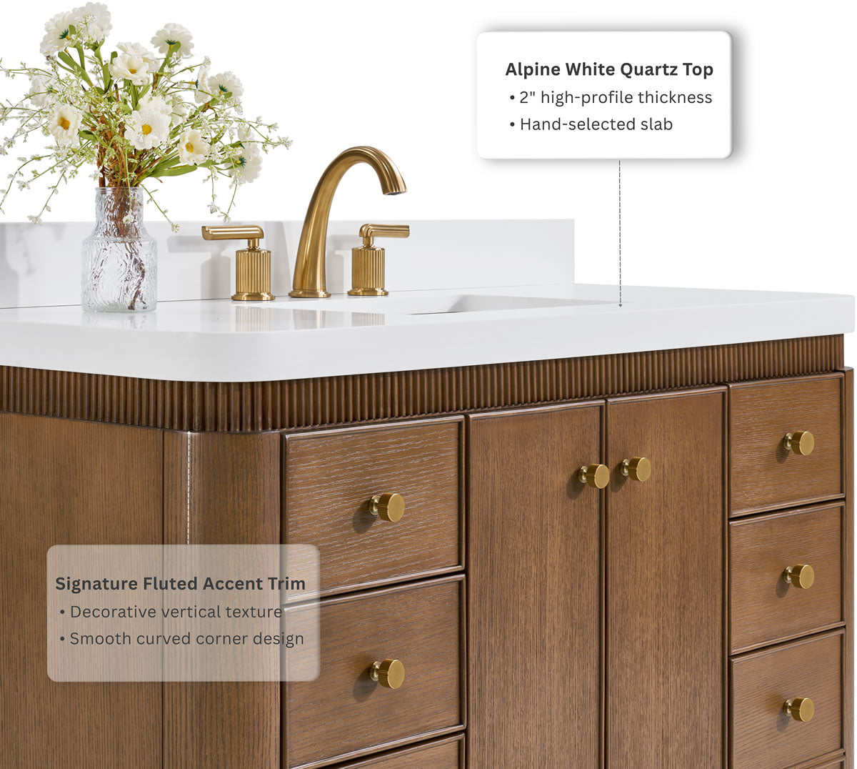 Aston 48" American or Chestnut Oak Solid Wood Vanity - White Quartz Top - by Ancerre Designs