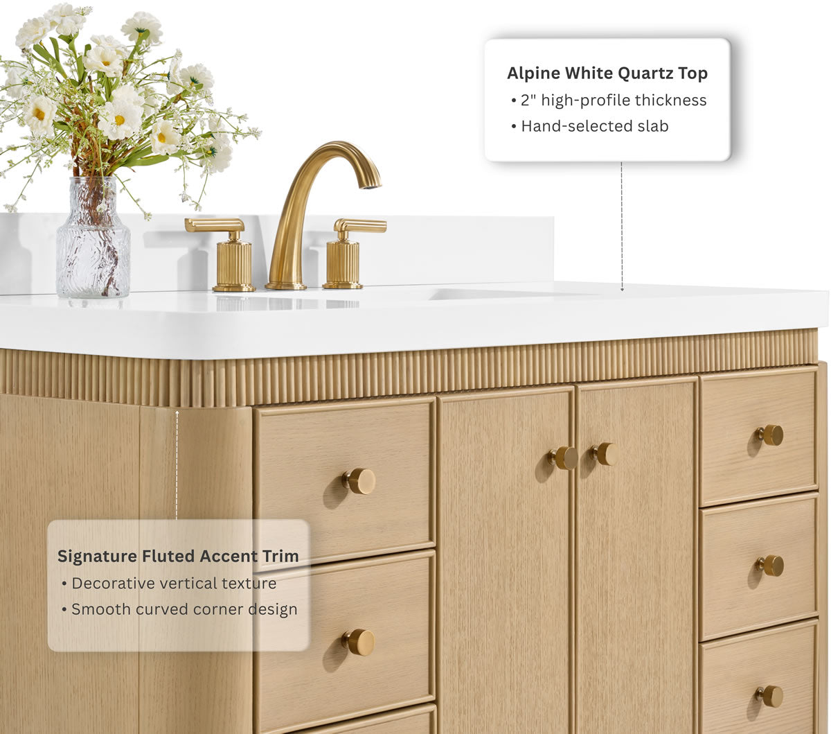 Aston 48" American or Chestnut Oak Solid Wood Vanity - White Quartz Top - by Ancerre Designs