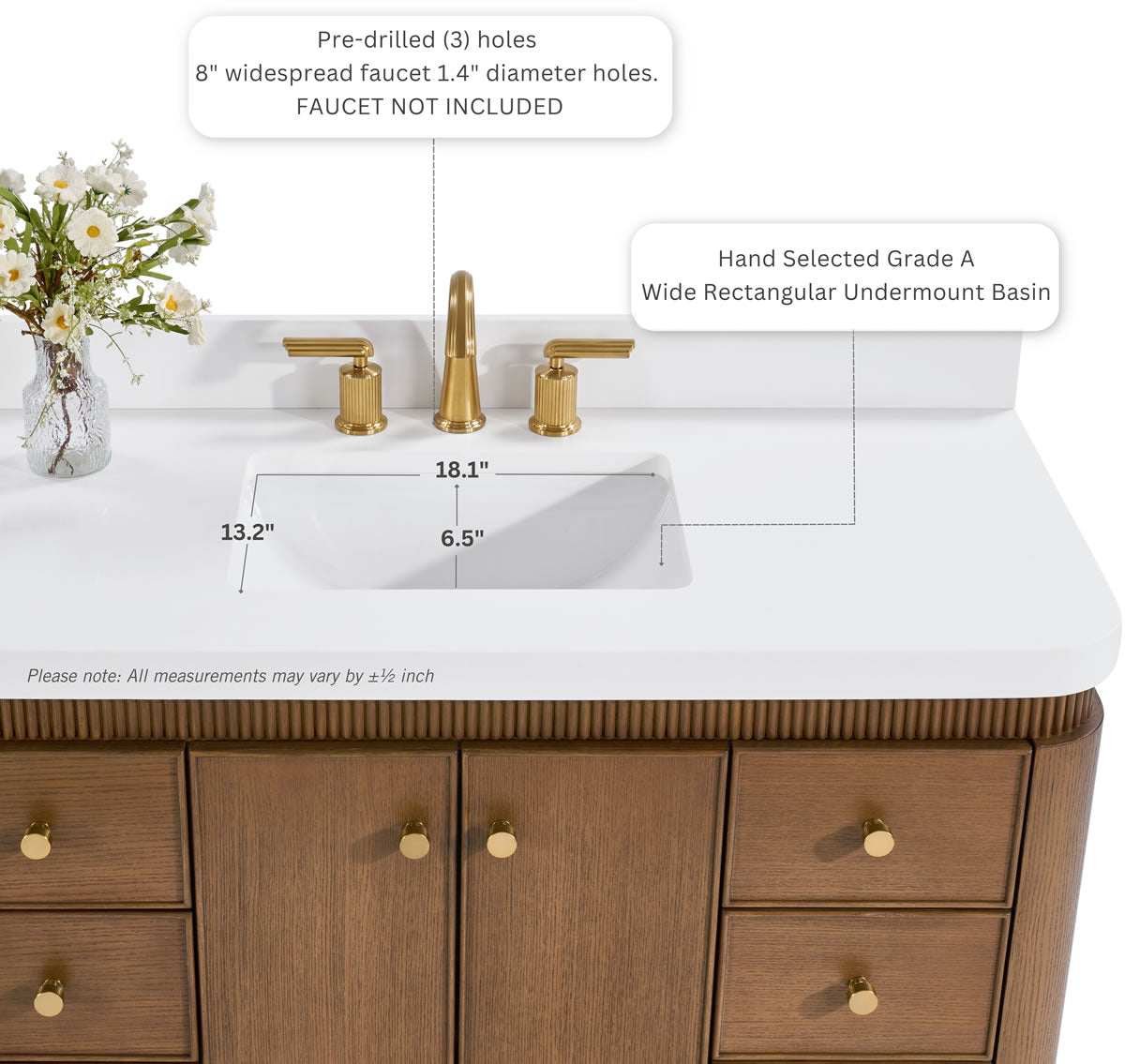 Aston 48" American or Chestnut Oak Solid Wood Vanity - White Quartz Top - by Ancerre Designs