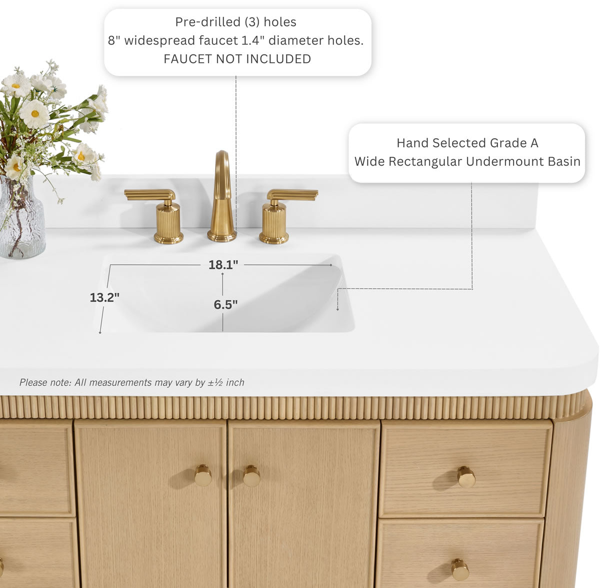 Aston 48" American or Chestnut Oak Solid Wood Vanity - White Quartz Top - by Ancerre Designs