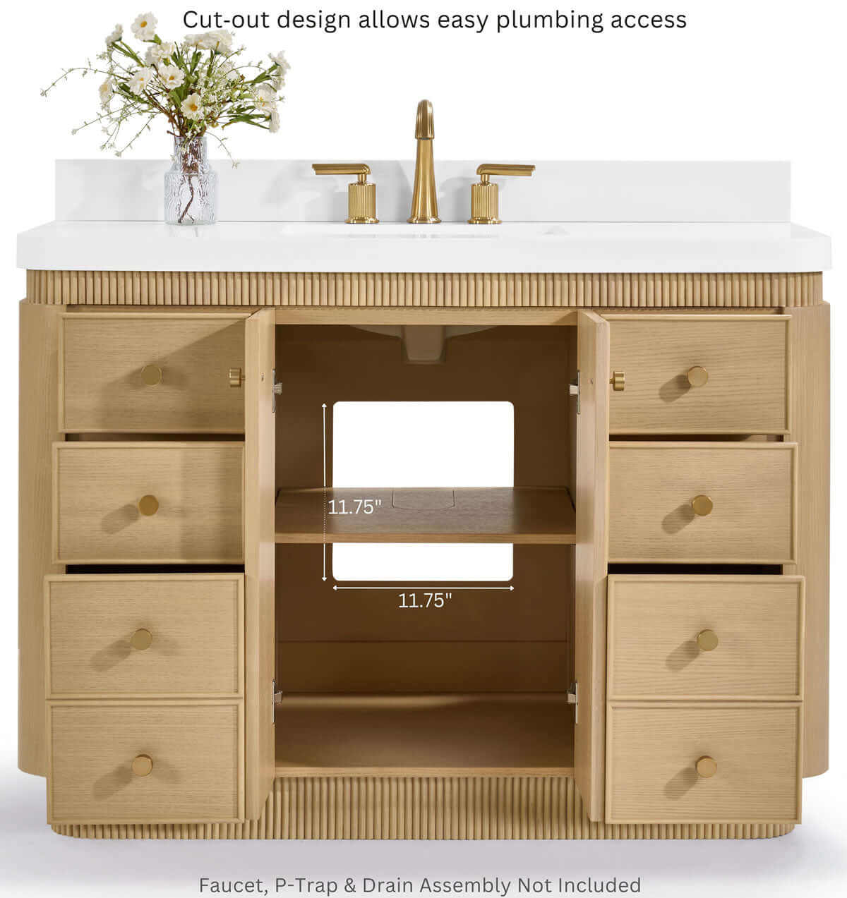 Aston 60" and 72" American or Chestnut Oak Solid Wood Vanity - White Quartz Top - by Ancerre Designs - Perfect Makeup Mirrors
