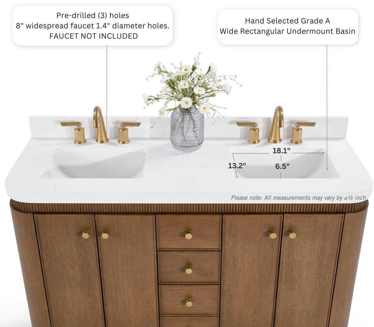 Aston 60" and 72" American or Chestnut Oak Solid Wood Vanity - White Quartz Top - by Ancerre Designs