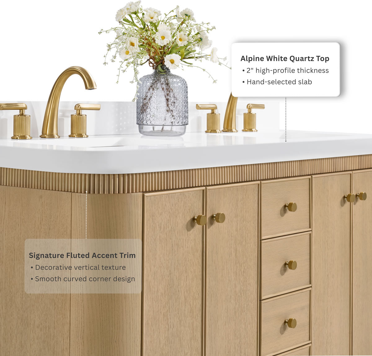 Aston 60" and 72" American or Chestnut Oak Solid Wood Vanity - White Quartz Top - by Ancerre Designs