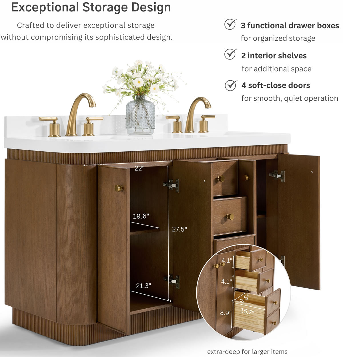 Aston 60" and 72" American or Chestnut Oak Solid Wood Vanity - White Quartz Top - by Ancerre Designs