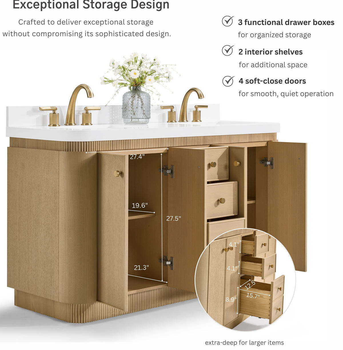 Aston 60" and 72" American or Chestnut Oak Solid Wood Vanity - White Quartz Top - by Ancerre Designs