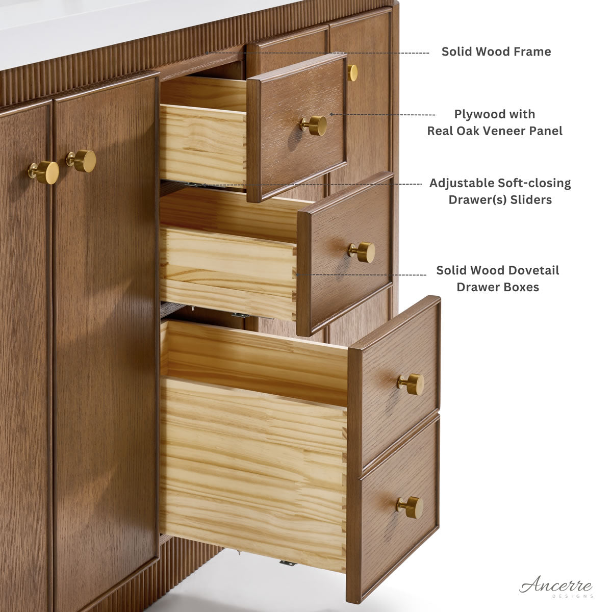 Aston 60" and 72" American or Chestnut Oak Solid Wood Vanity - White Quartz Top - by Ancerre Designs