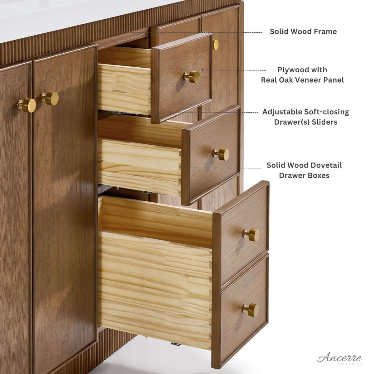 Aston 84" American or Chestnut Oak Solid Wood Vanity - White Quartz Top - by Ancerre Designs - Perfect Makeup Mirrors