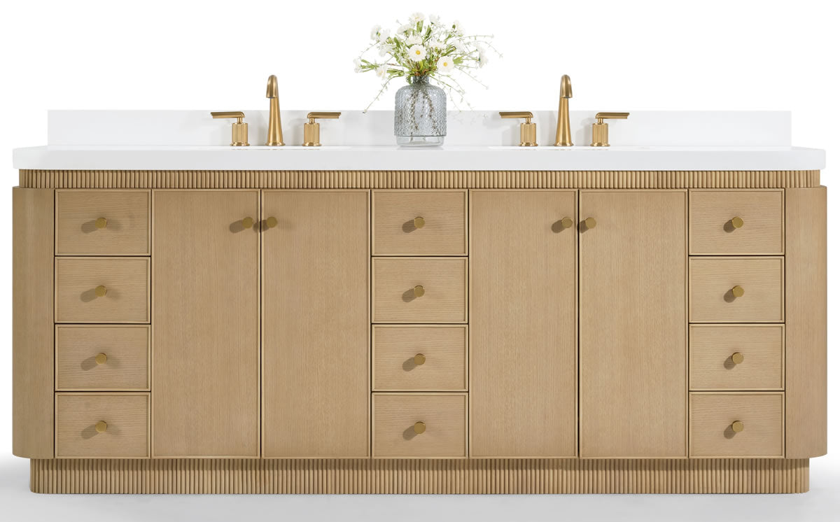 Aston 84" American or Chestnut Oak Solid Wood Vanity - White Quartz Top - by Ancerre Designs