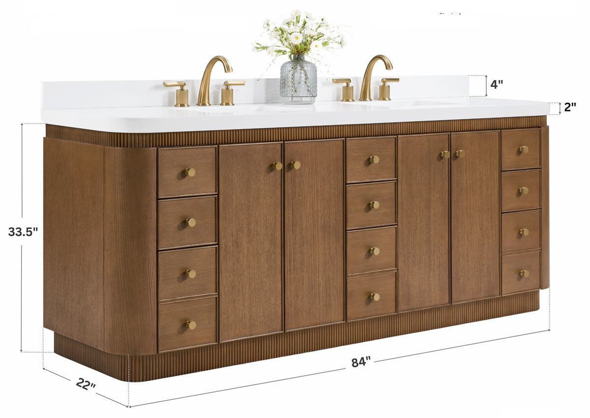 Aston 84" American or Chestnut Oak Solid Wood Vanity - White Quartz Top - by Ancerre Designs